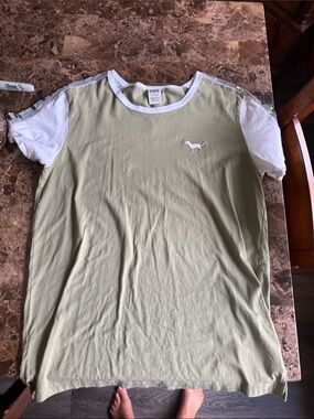 PINK Victoria's Secret Olive Green Tee with White Trim and Sequin Detail